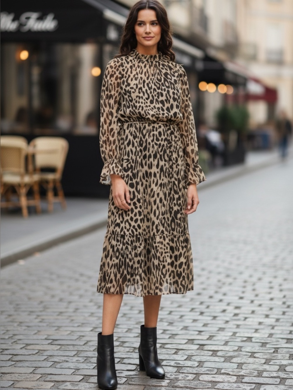Banana Republic Animal Print Pleated Midi Dress Long Sleeve Size 10